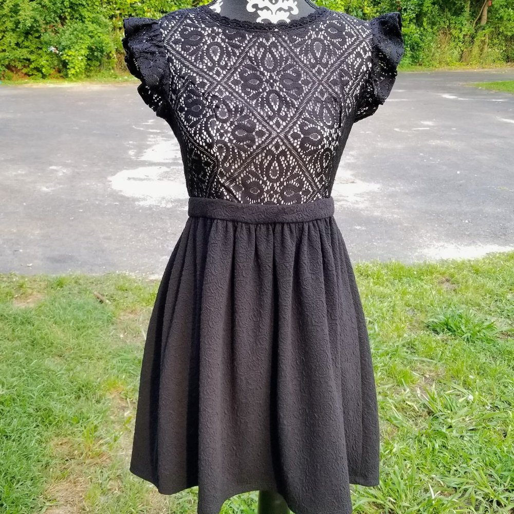 Black and Tan Lace Overlay Dress with Ruffle Sleev